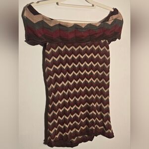 Chevron Knit Strapless Dress in Burgundy, Brown & Cream